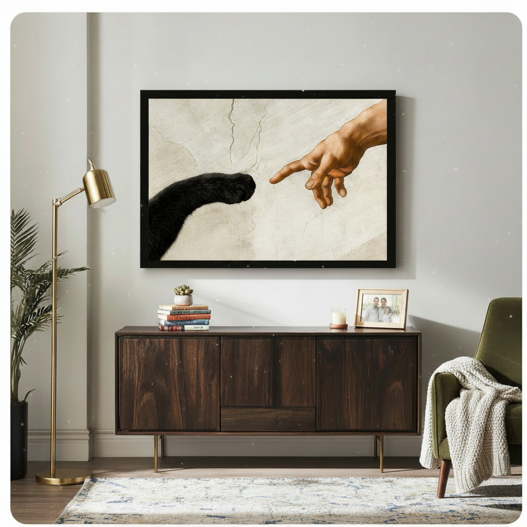 Black Cat Paw Meets Human Finger Canvas Wall Art