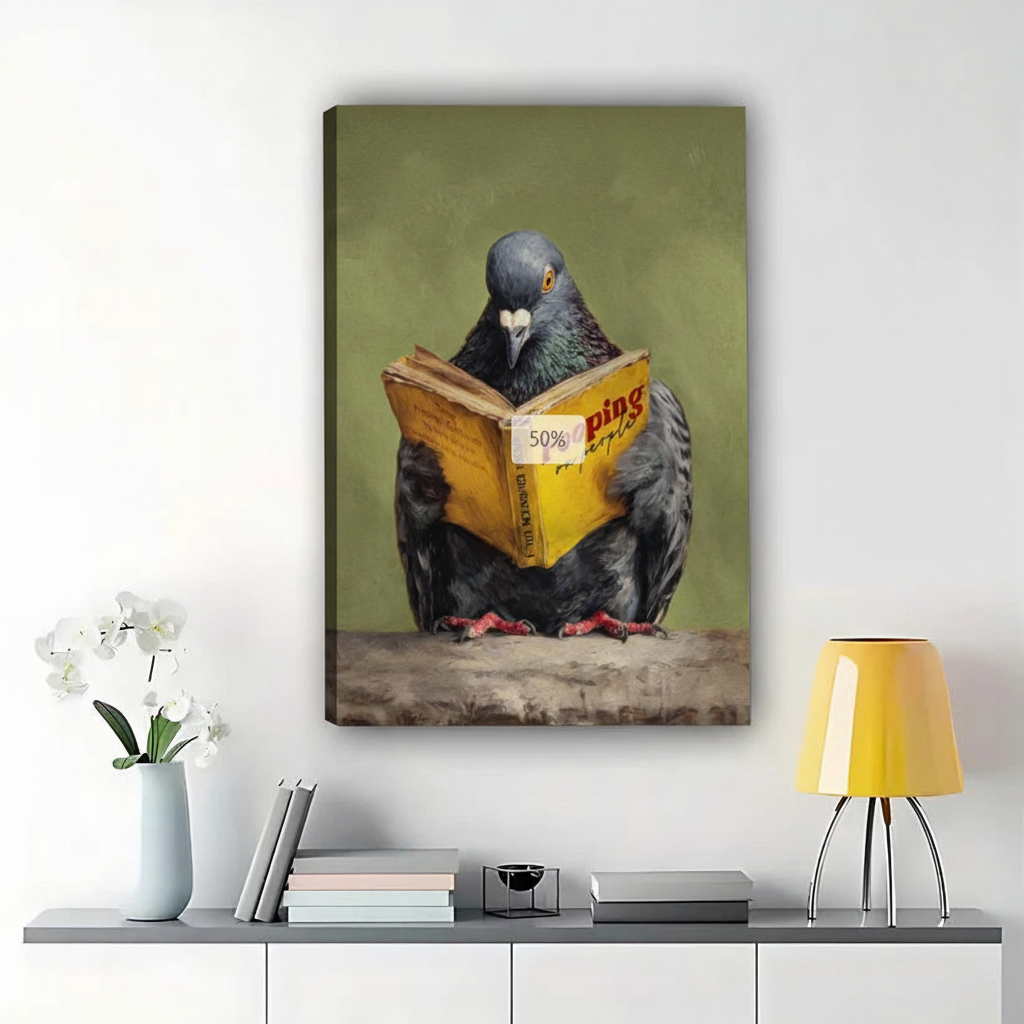 Pigeon Reading “Pooping” Book – Humorous Bathroom Wall Art on Natural Wood Canvas
