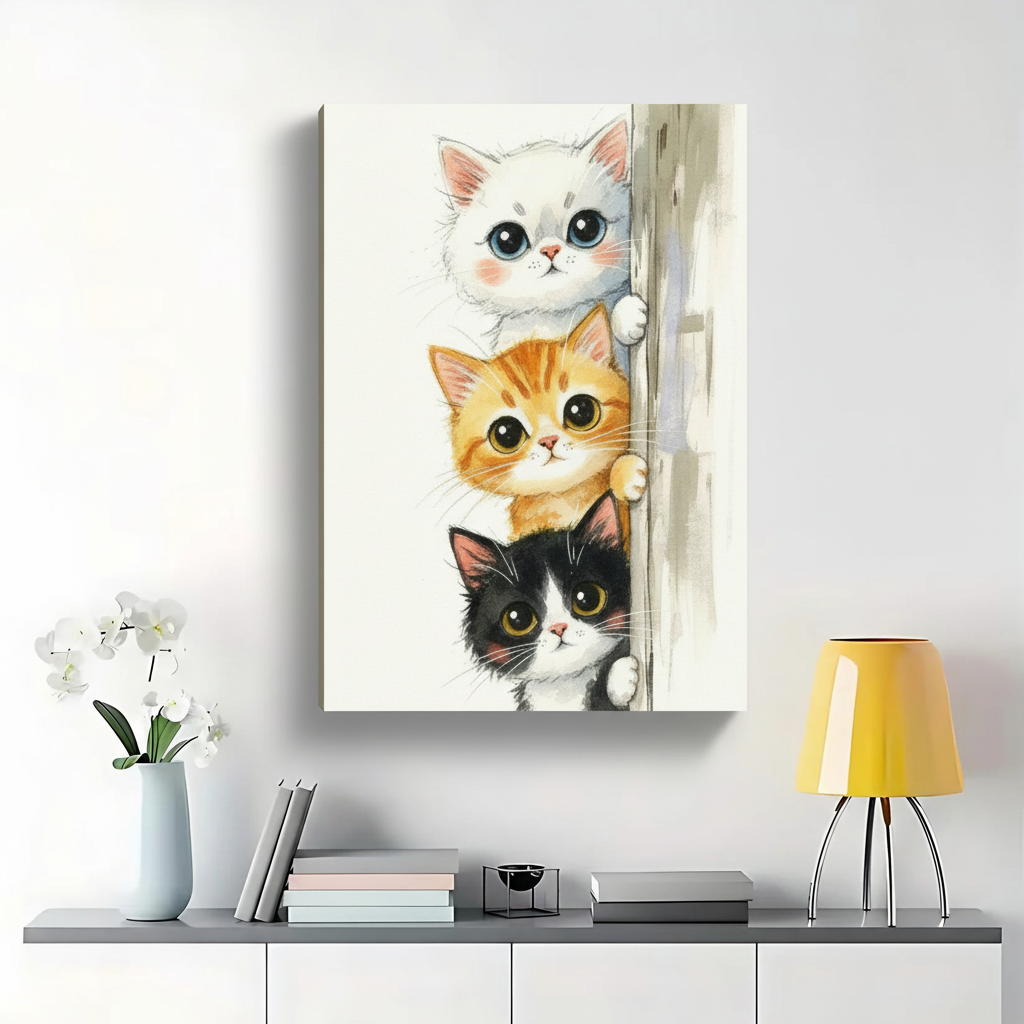 Three Cute Kittens Peeking Wall Art – Watercolor Cat Print for Nursery and Home Decor