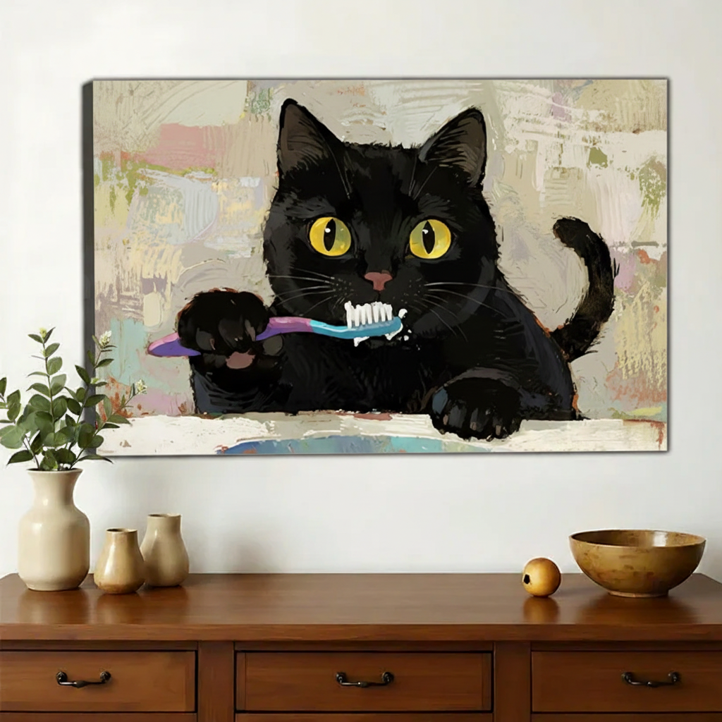 Black Cat Brushing Teeth – Humorous Bathroom Wall Art on Natural Wood Canvas