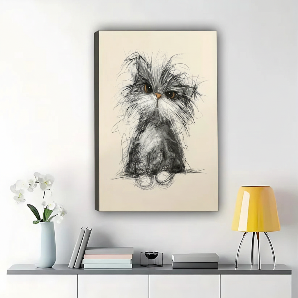The Fluffy Sketch Cat – Whimsical Line Art Wall Art on Natural Wood Canvas