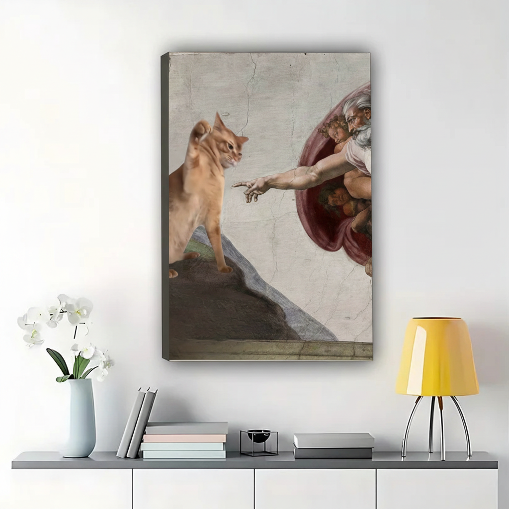 The Creation of Adam Cat – Classic Art Reimagined Wall Art on Natural Wood Canvas