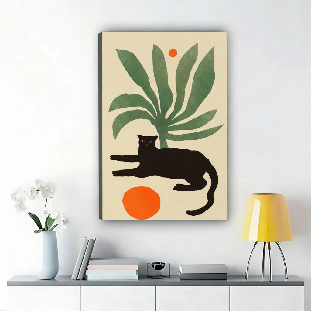 Black Cat Palm Leaf Art Print – Mid-Century Modern Canvas Wall Decor