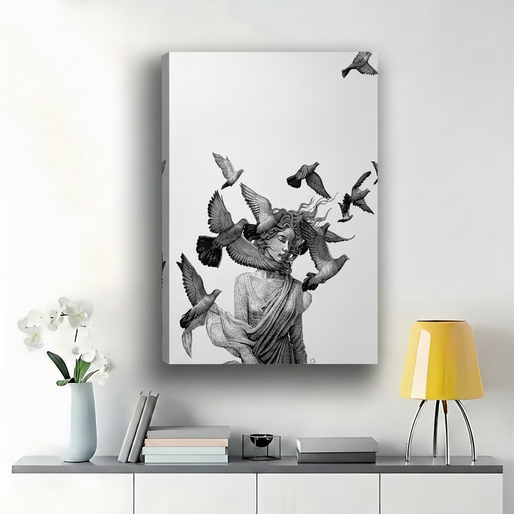 Woman with Birds Canvas Wall Art – Black & White Line Art Print