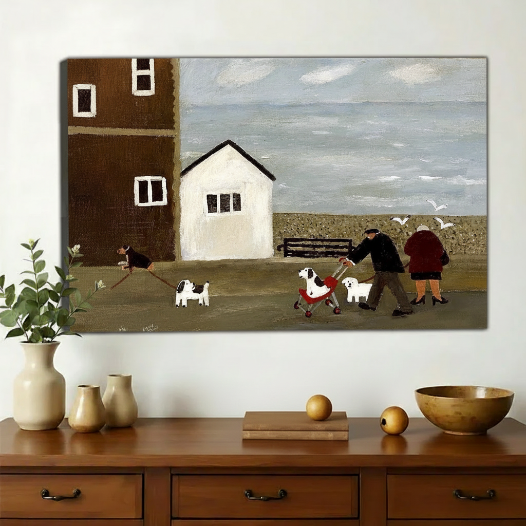 Coastal Dog Walk Art Print – Vintage Seaside Canvas Wall Decor