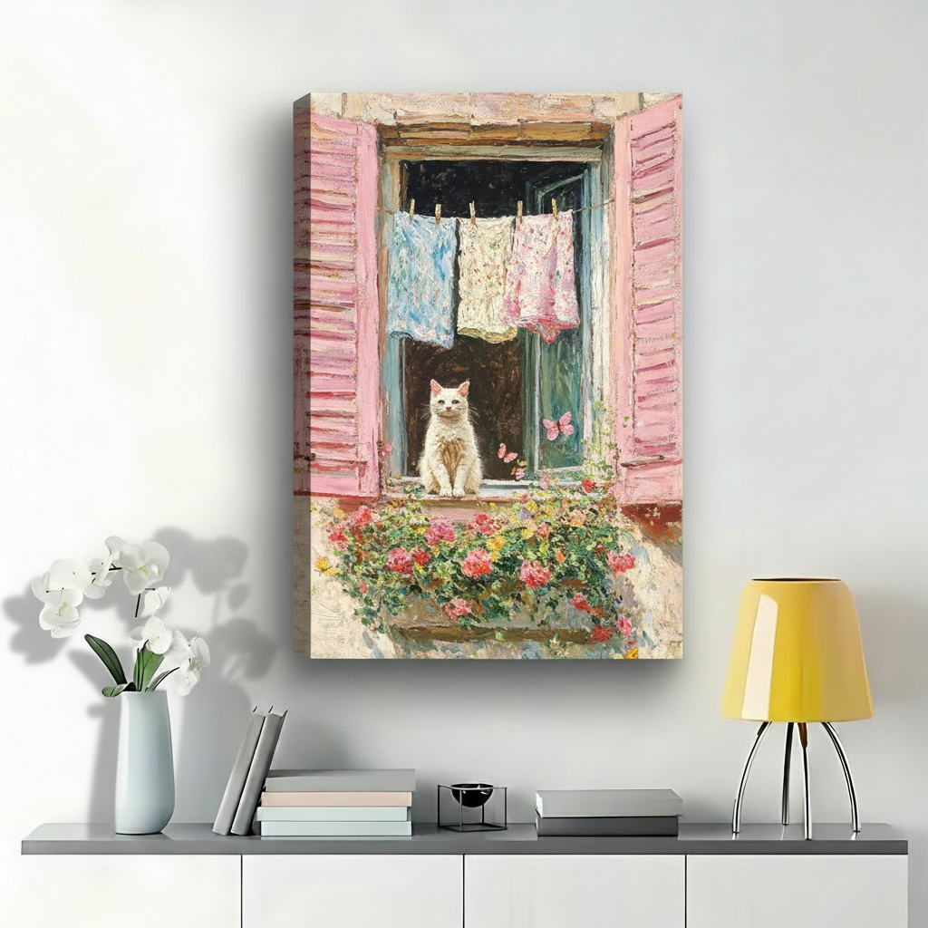 Cat in Window Art Print – Charming Laundry Day Pink Shutters Canvas Wall Decor