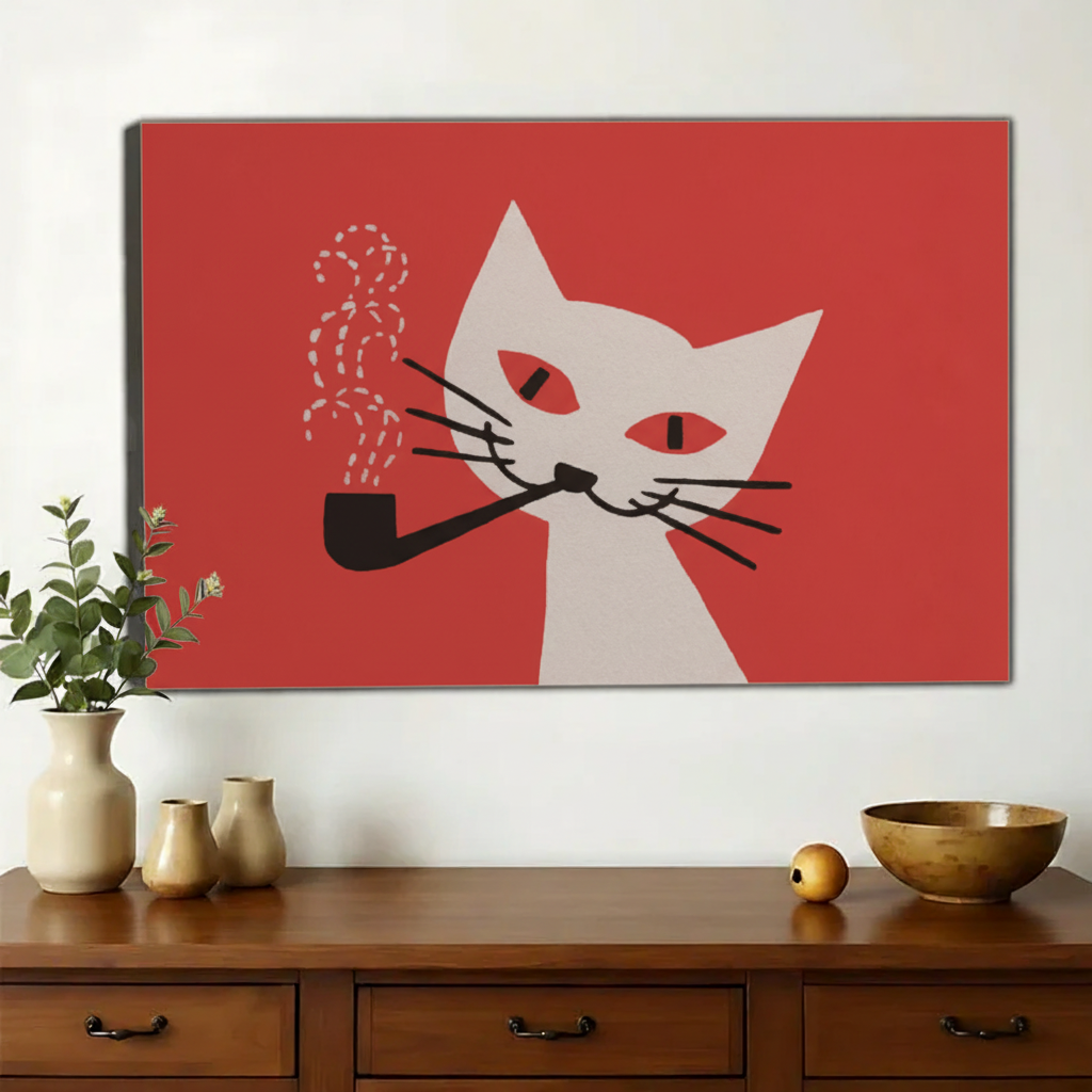 Smoking Black Cat – Retro Vintage Wall Art on Natural Wood Canvas
