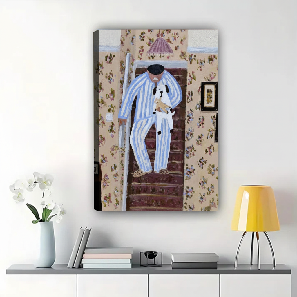 Person in Striped Pajamas with Dog Art Print – Framed Canvas Wall Decor