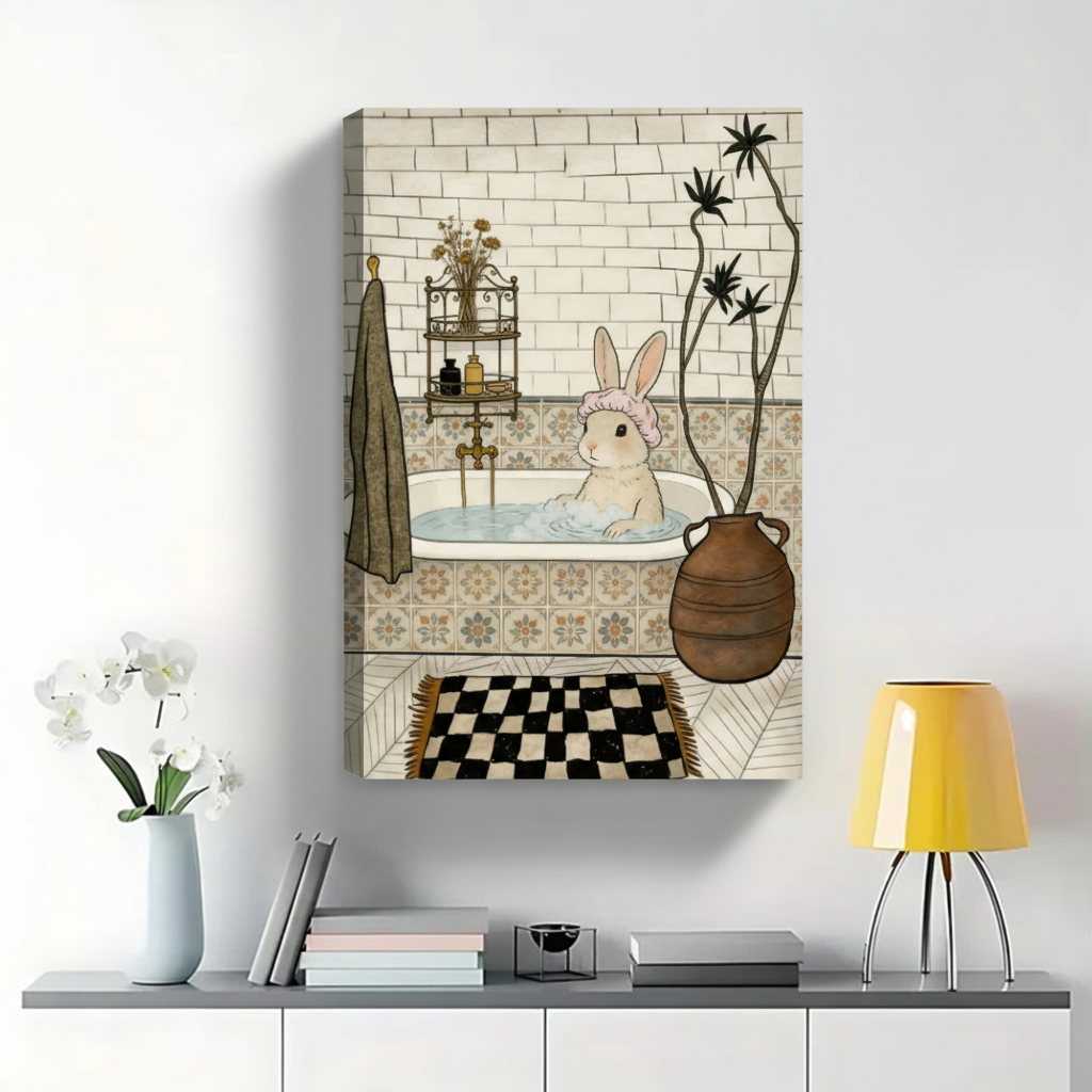 Bunny Bath Time Art Print – Whimsical Bathroom Wall Decor Framed Canvas