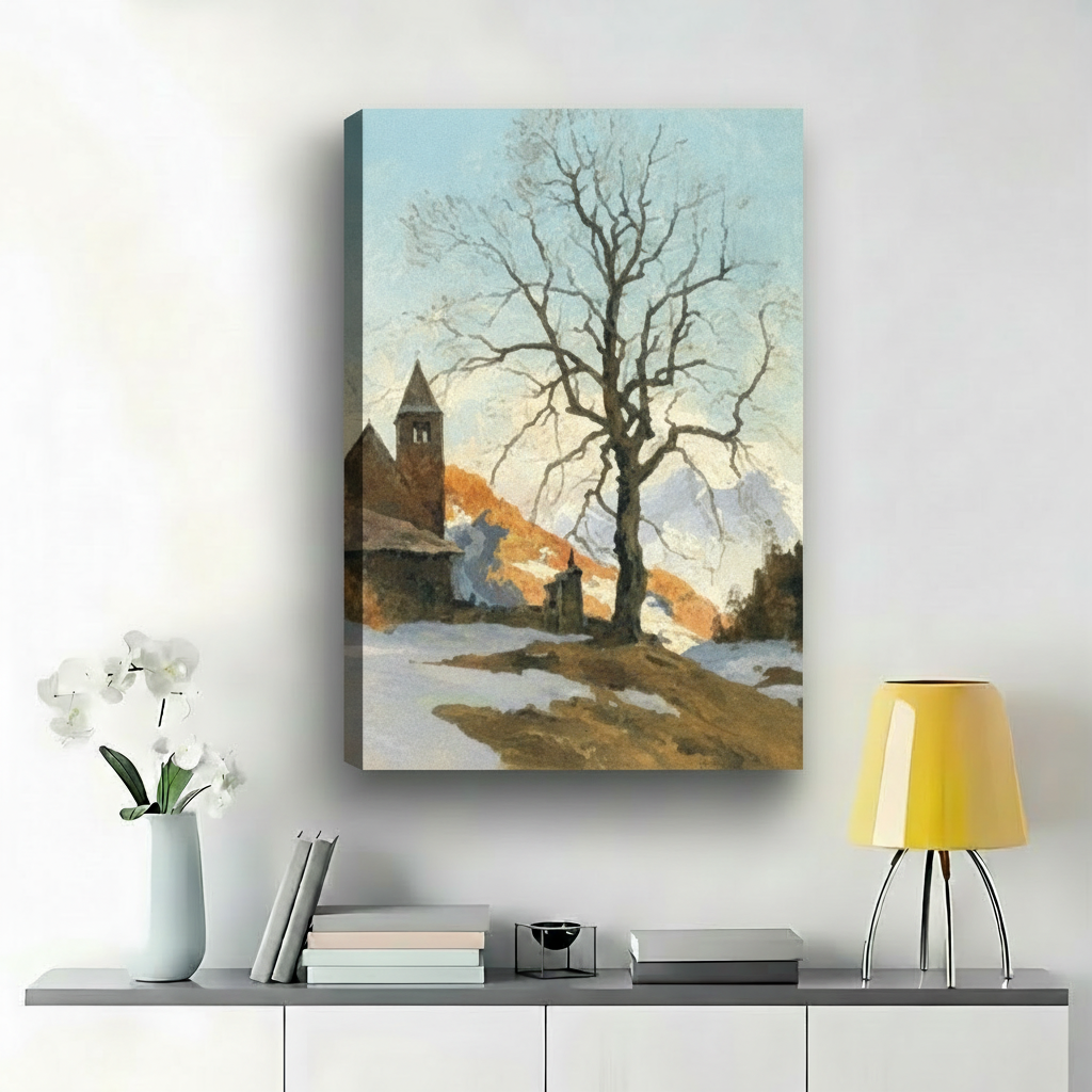 Winter Church Landscape Art Print – Snowy Village Bare Tree Canvas Wall Decor