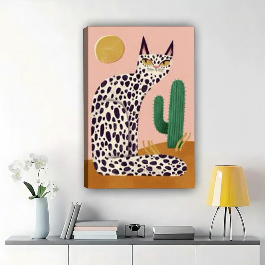 Leopard Print Cat & Cactus Art Print – Modern Boho Canvas Wall Decor