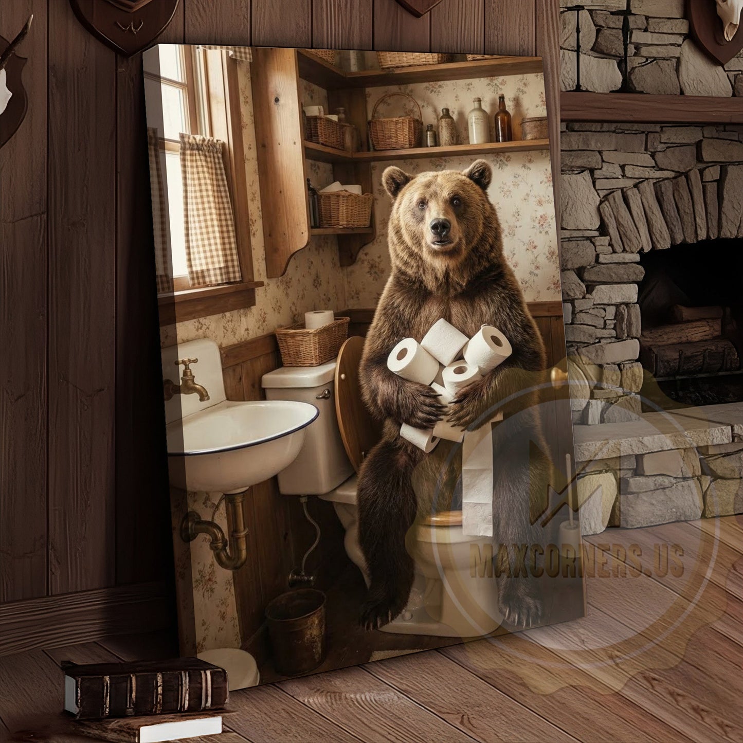Bear Canvas Farmhouse Bathroom Toilet Paper Humor Canvas Wall Art