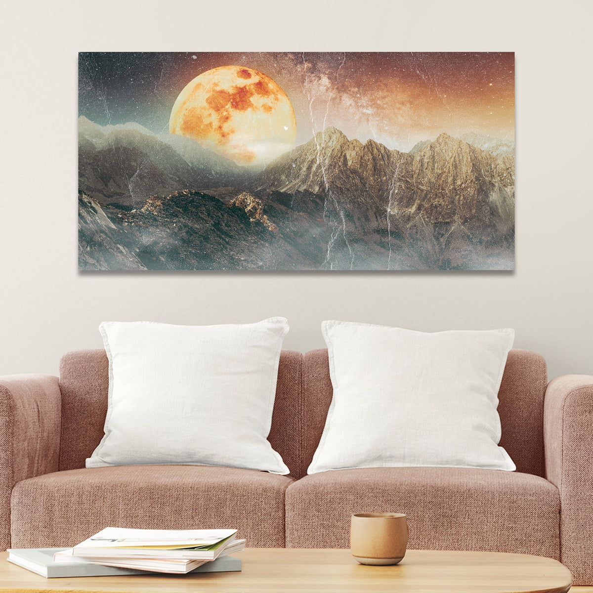 Orange Full Moon Behind Mountain Range Canvas Wall Art