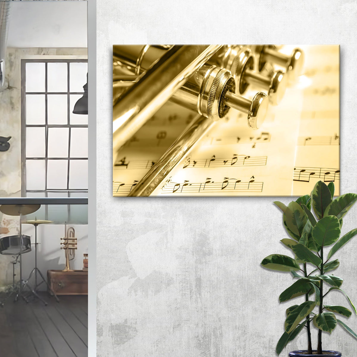 Trumpet Sepia Canvas Wall Art