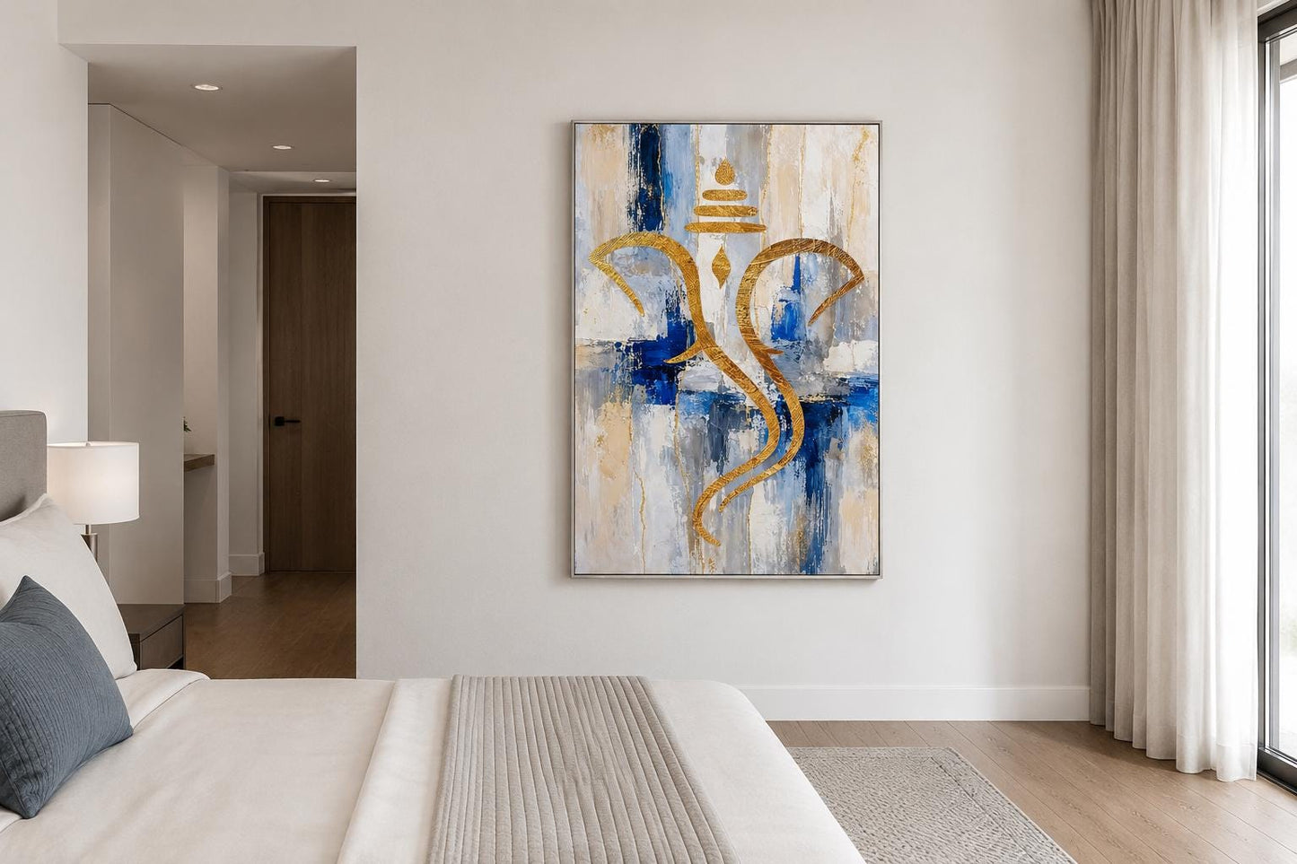 Abstract Gold Ganesha Silhouette Wall Art on Blue, White, and Gold Background Wall Art