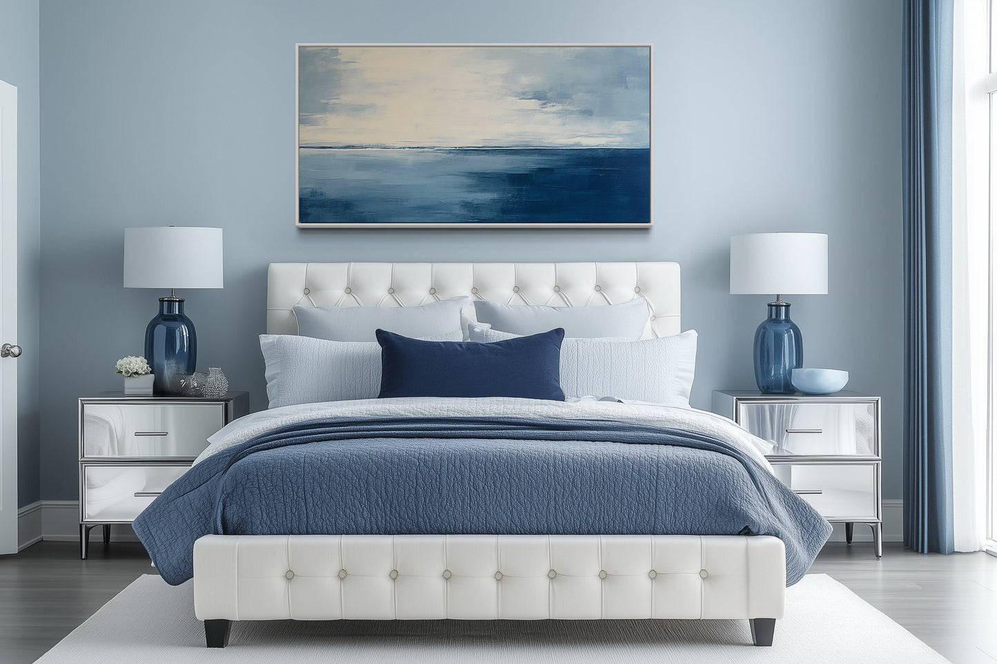 Abstract Minimalist Ocean Navy Blue Grey Framed Canvas Wall Art