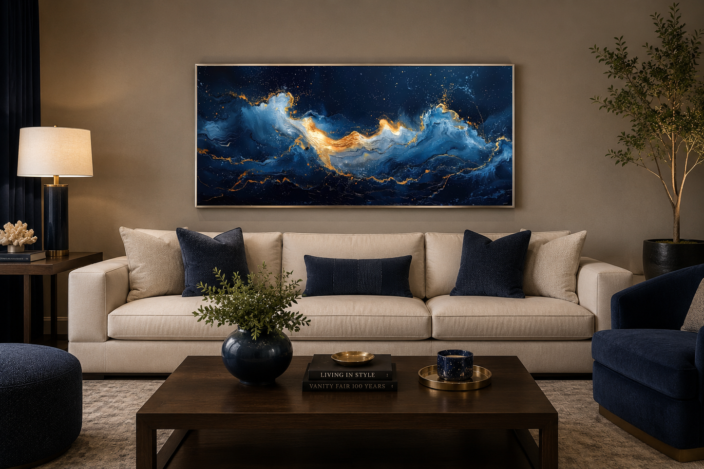 Navy Blue Gold Nautical Wall Art – Abstract Ocean Wave Canvas for Mens Bed