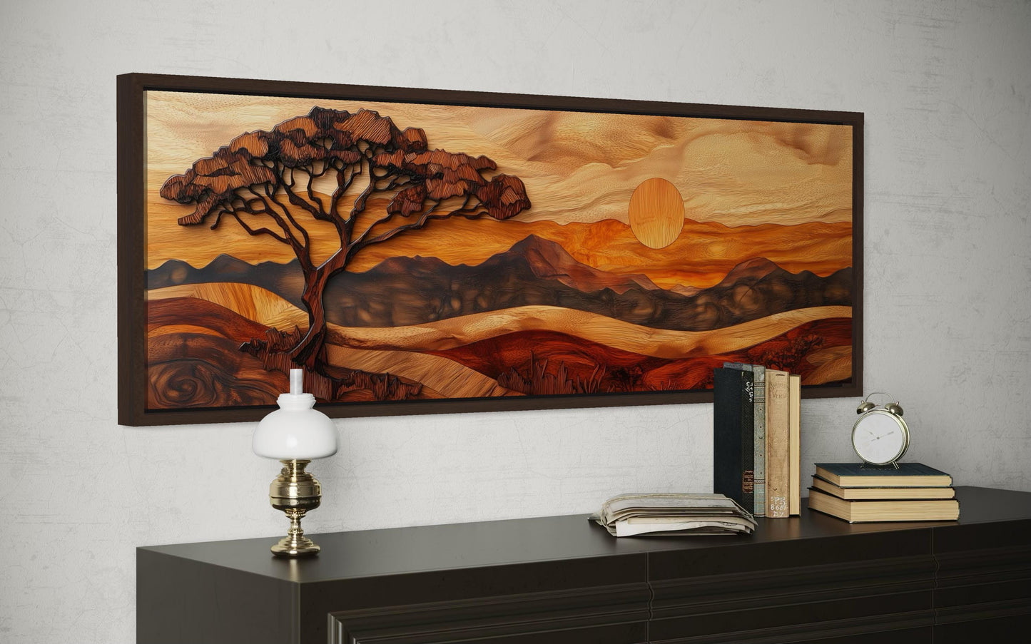 Acacia Tree Wall Art - African Savanna Art on Long Narrow Canvas with Wood Carving Style
