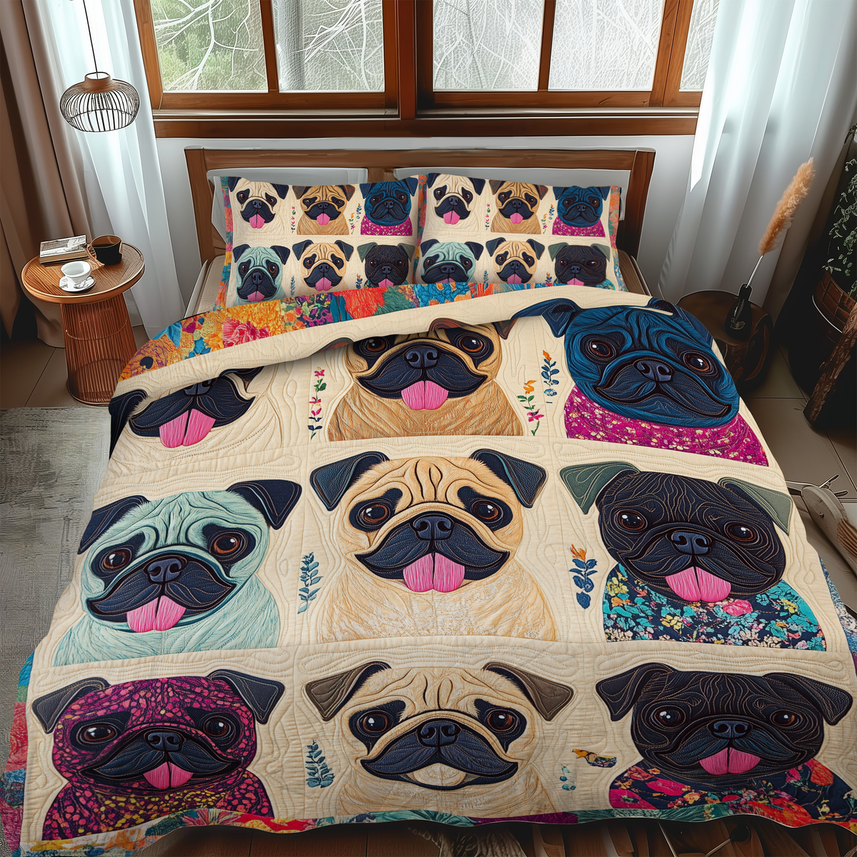 Affectionate Pugs 3-Piece Quilted Bedding Set - Single (59" x 70")