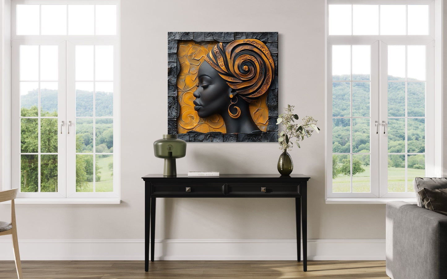 African American Canvas Art – Modern Framed Canvas Print Featuring Elegant Turban Woman