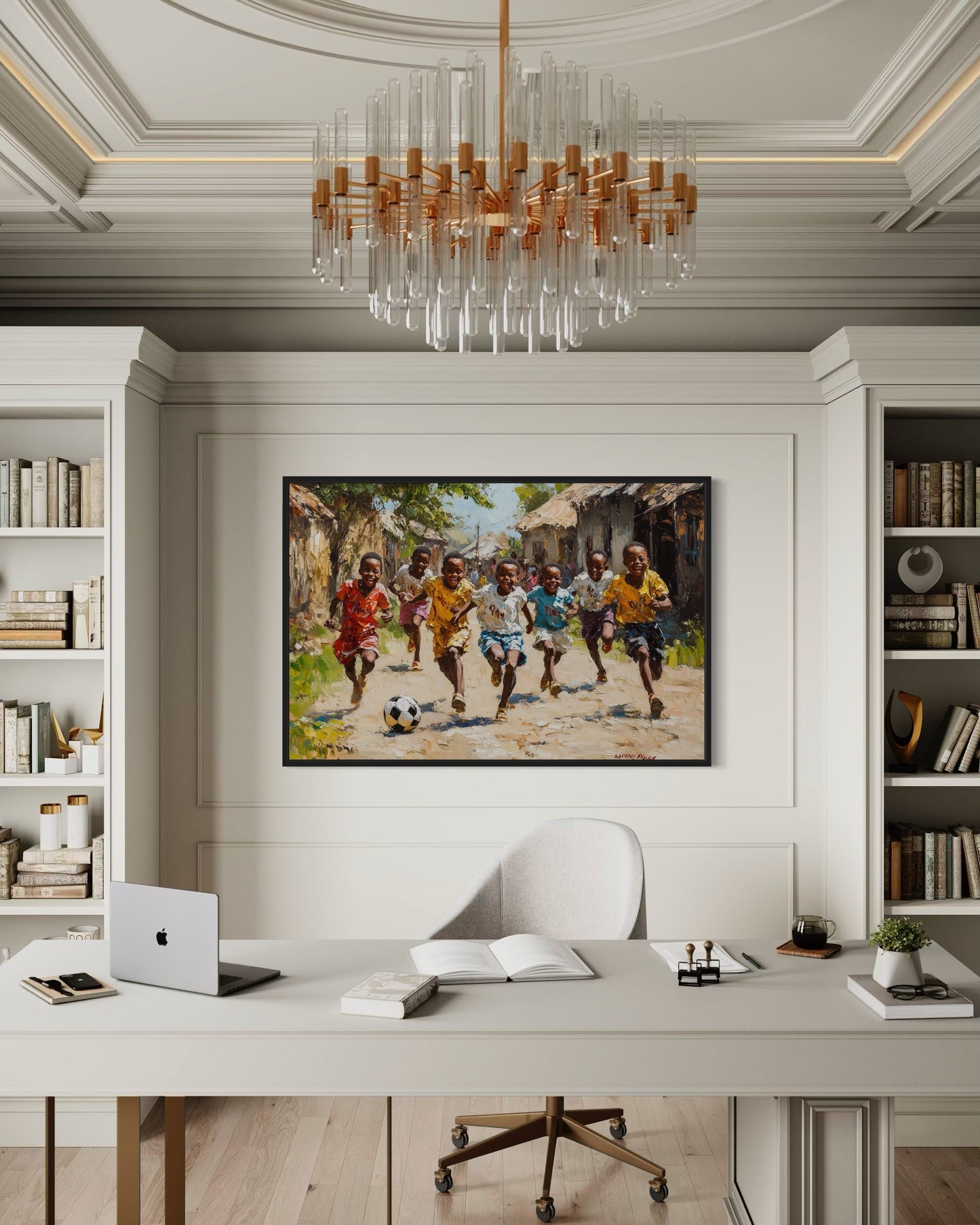 African Children Playing Soccer Framed Canvas Wall Art