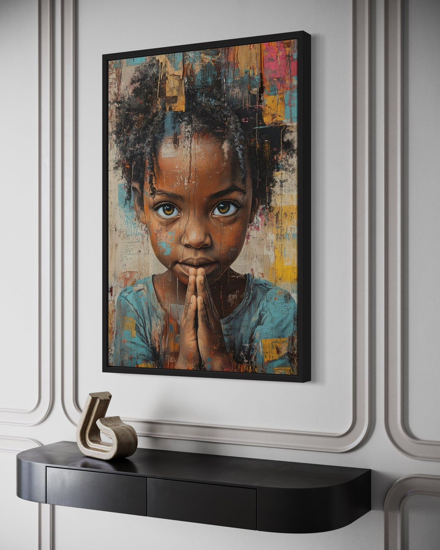 African Girl Praying Graffiti Painting Framed Canvas Wall Art