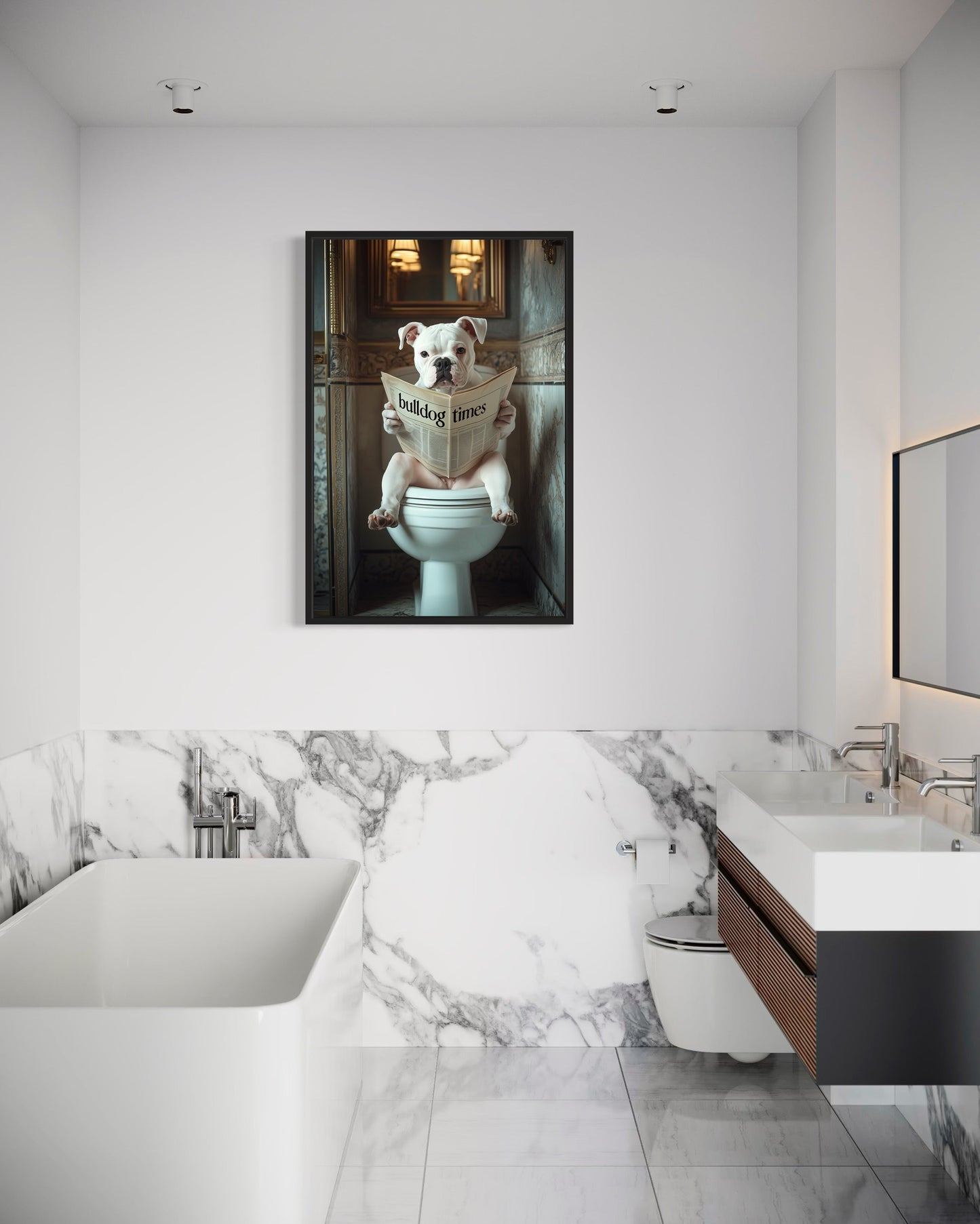 American Bulldog Dog On The Toilet Reading Newspaper Picture Canvas Wall Art