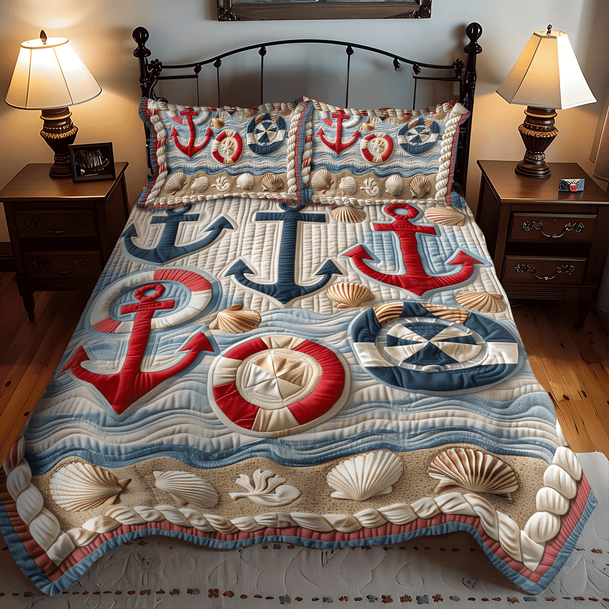 Anchor And Lifebuoy 3-Piece Quilted Bedding Set - Single (59" x 70")
