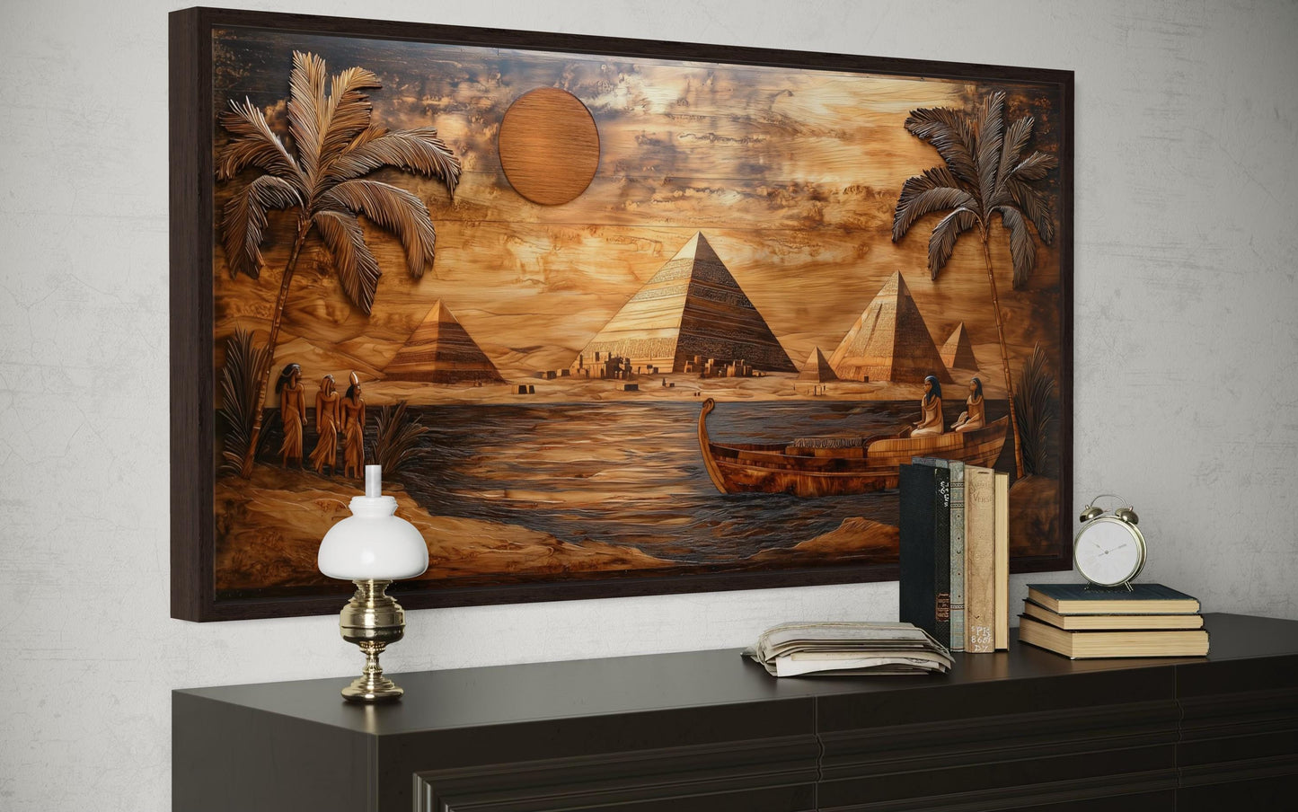 Ancient Egypt Wall Art - Pyramids And Nile River Wood Texture Style Canvas Print