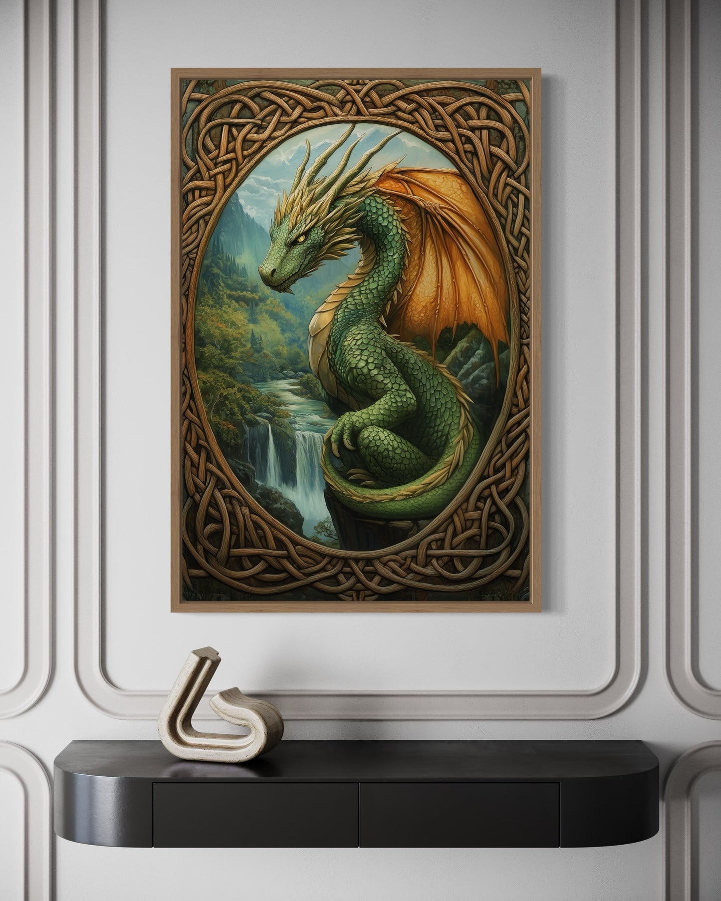 Celtic Dragon Perched Over a Waterfall in a Green Mountain Valley Canvas Wall Art