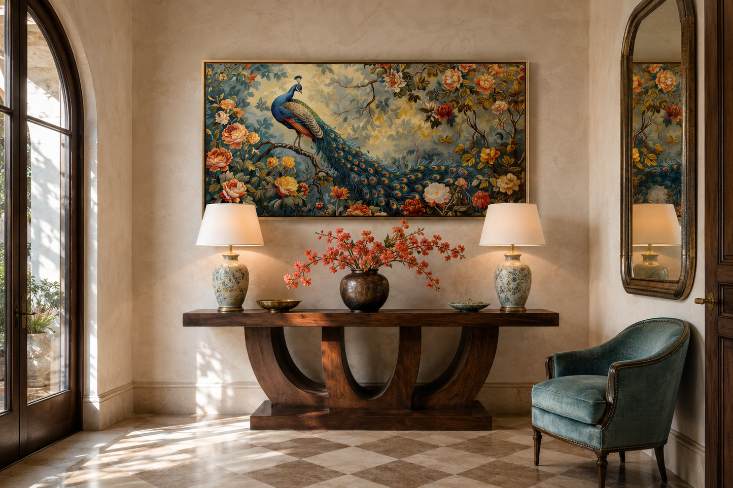 Antique Style Peacock In The Garden Tapestry Framed Canvas Wall Art