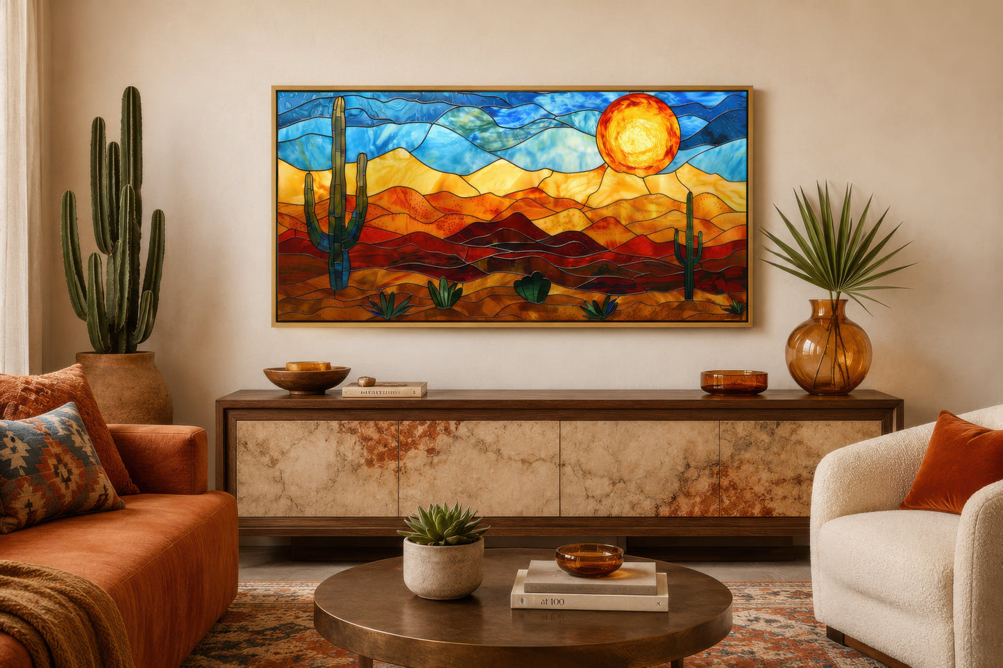 Desert Wall Art – Southwestern Decor Framed Canvas With Stained Glass Style