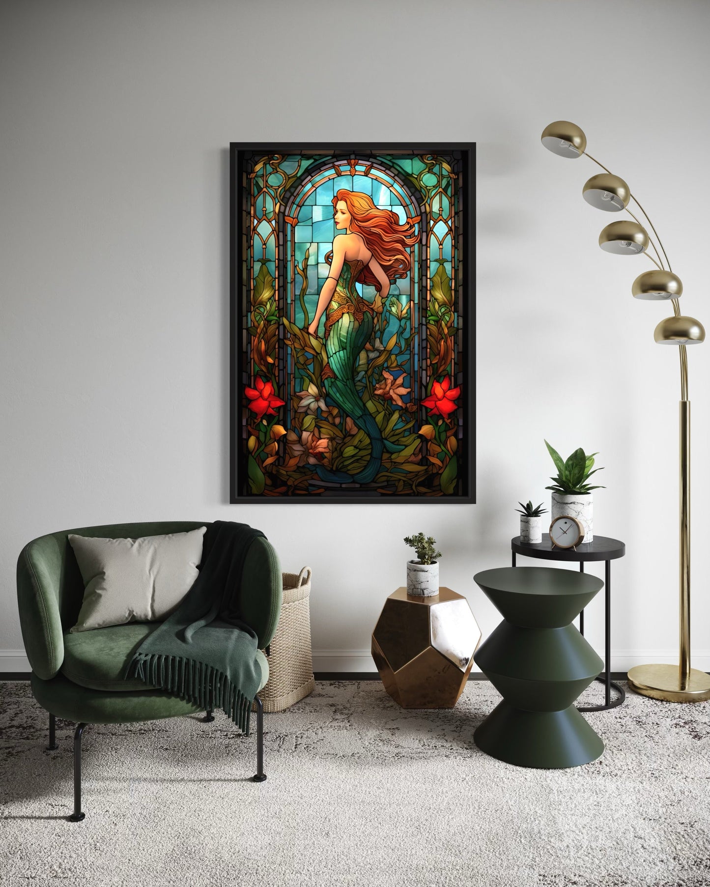 Art Nouveau Mermaid Stained Glass Style Framed Canvas Wall Art