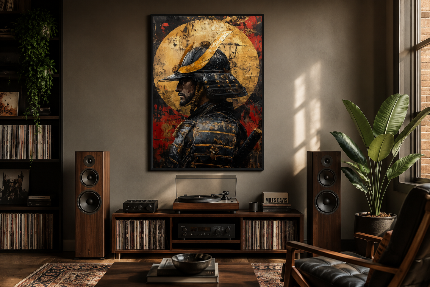 Modern Samurai Portrait With Full Moon Framed Canvas Wall Art