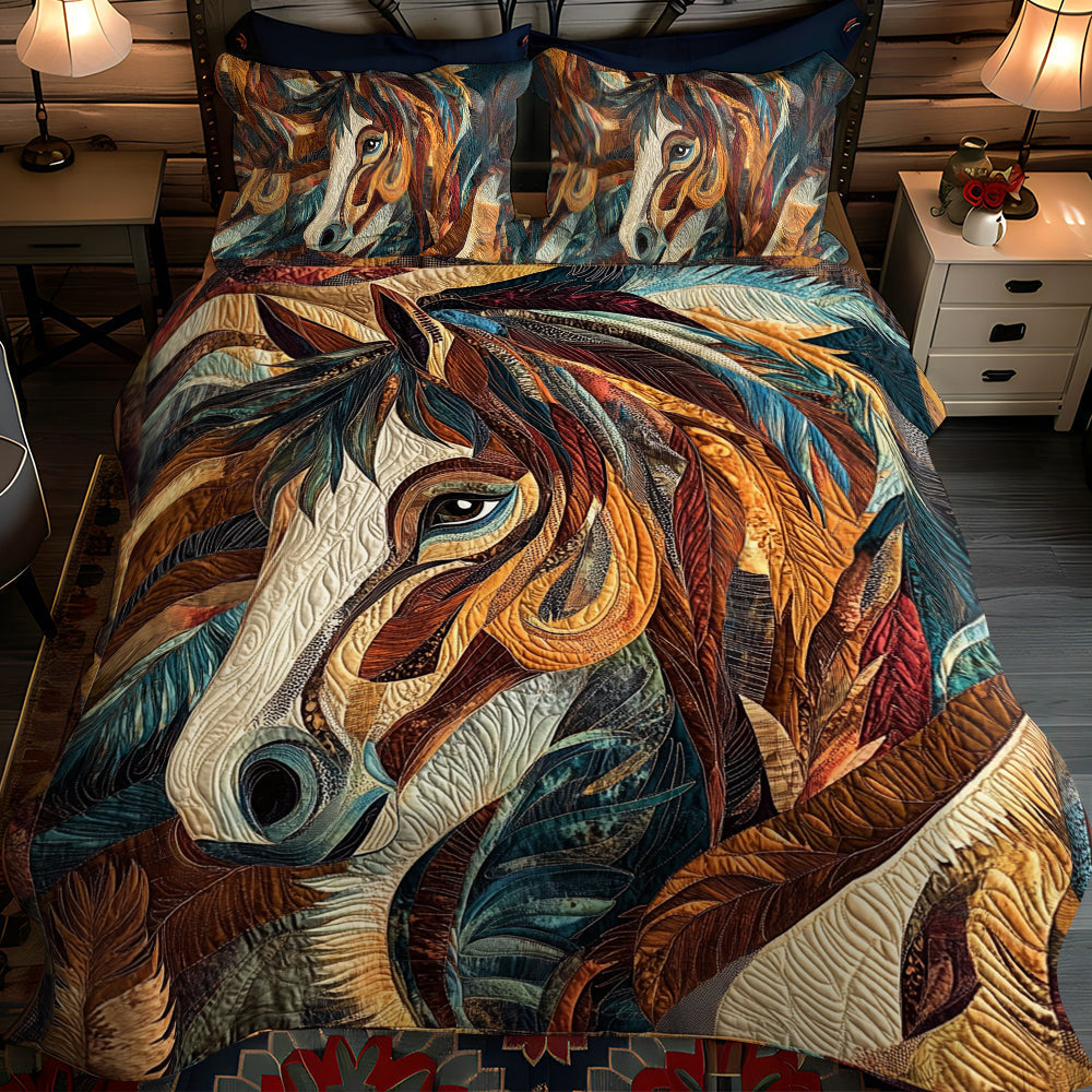 Artistic Horse-Themed 3-Piece Quilted Bedding Set - Single (59" x 70")