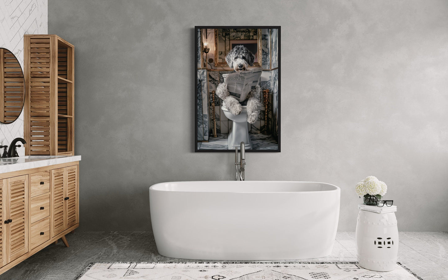 Aussiedoodle Dog On The Toilet Reading Newspaper Picture Canvas Wall Art