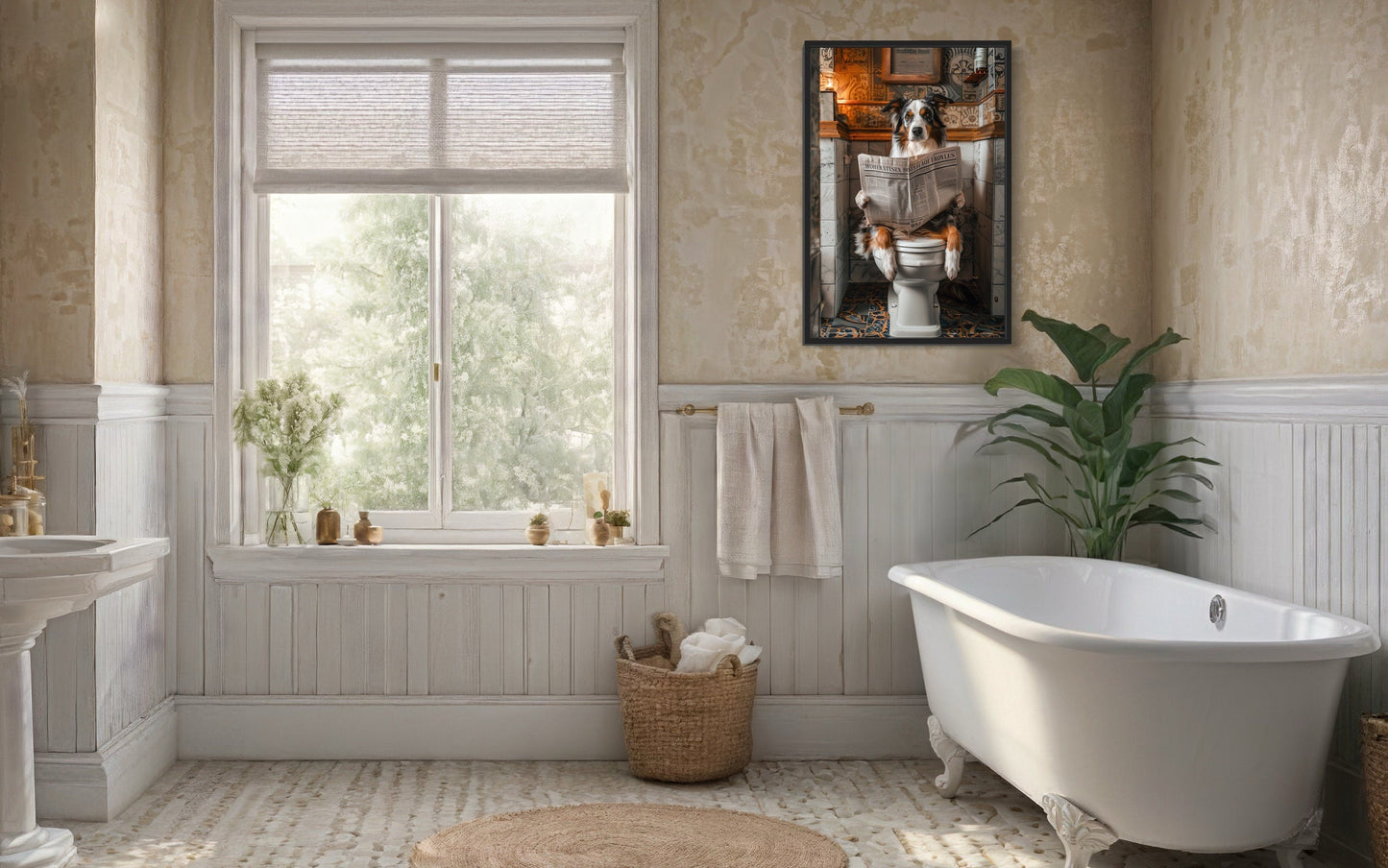 Australian Shepherd Dog On The Toilet Reading Newspaper Picture Canvas Wall Art