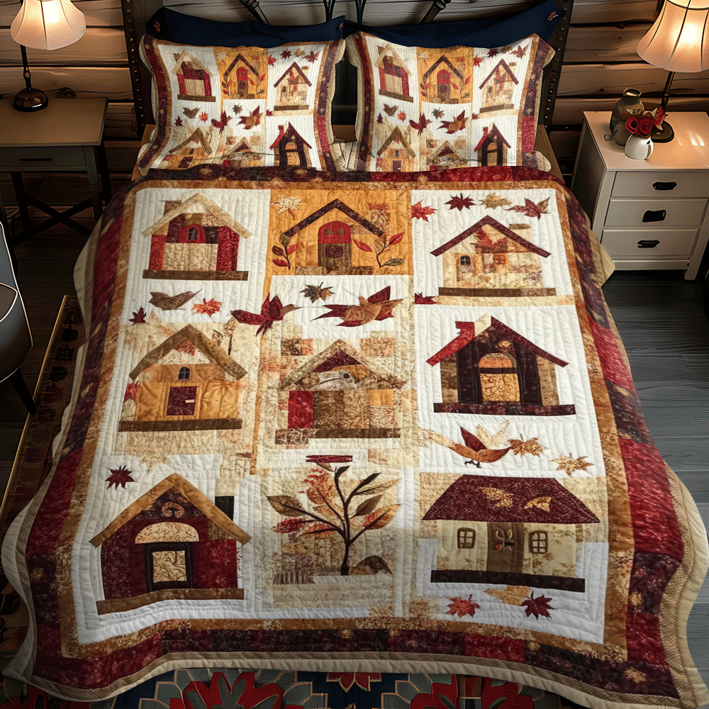 Autumn Bird House 3-Piece Quilted Bedding Set - Single (59" x 70")