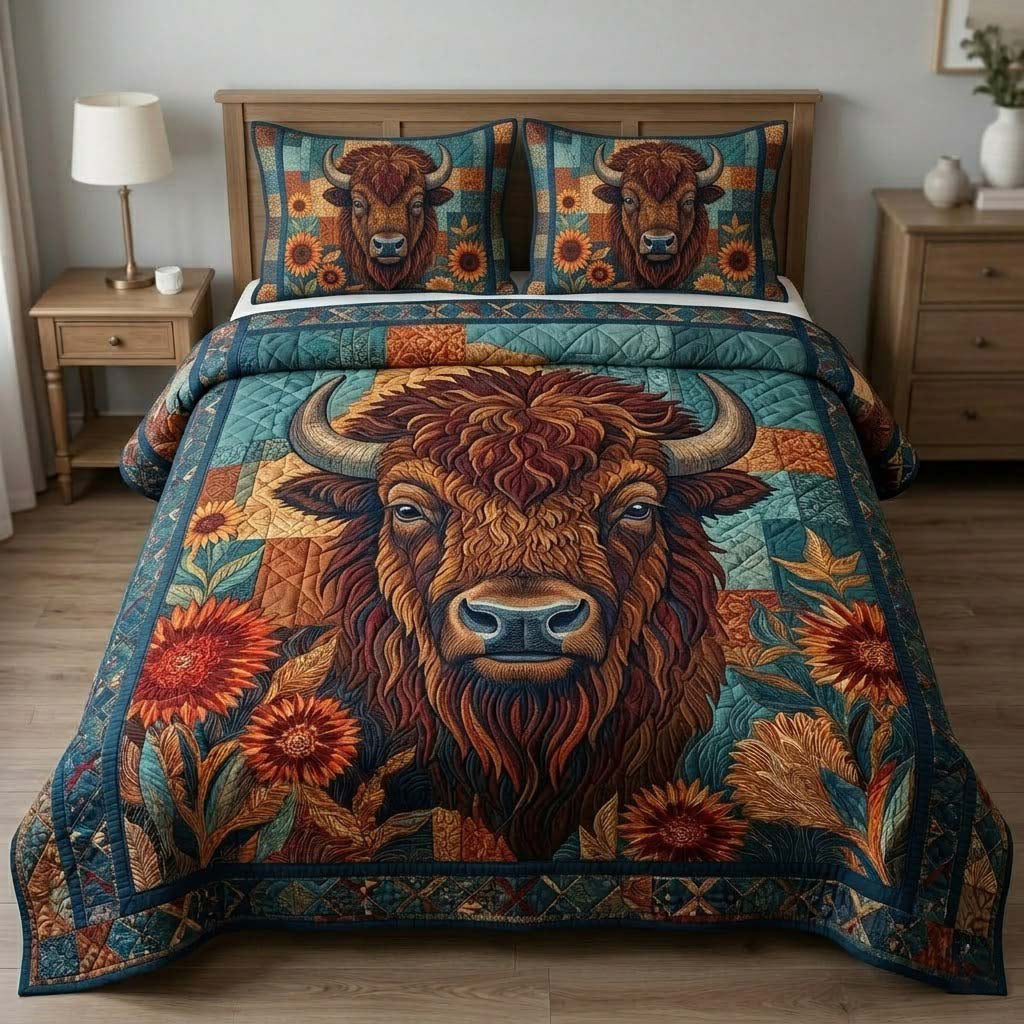 Autumn Bison Patchwork 3-Piece Quilted Bedding Set - Single (59" x 70")