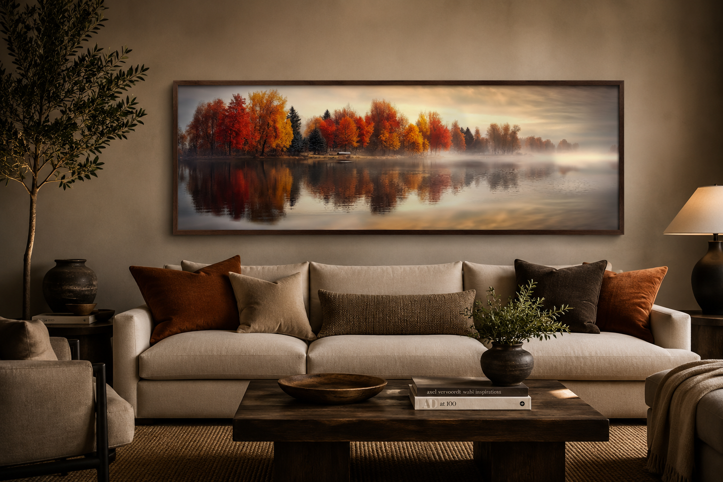 Autumn Forest Lake Reflection Long Horizontal Canvas Wall Art