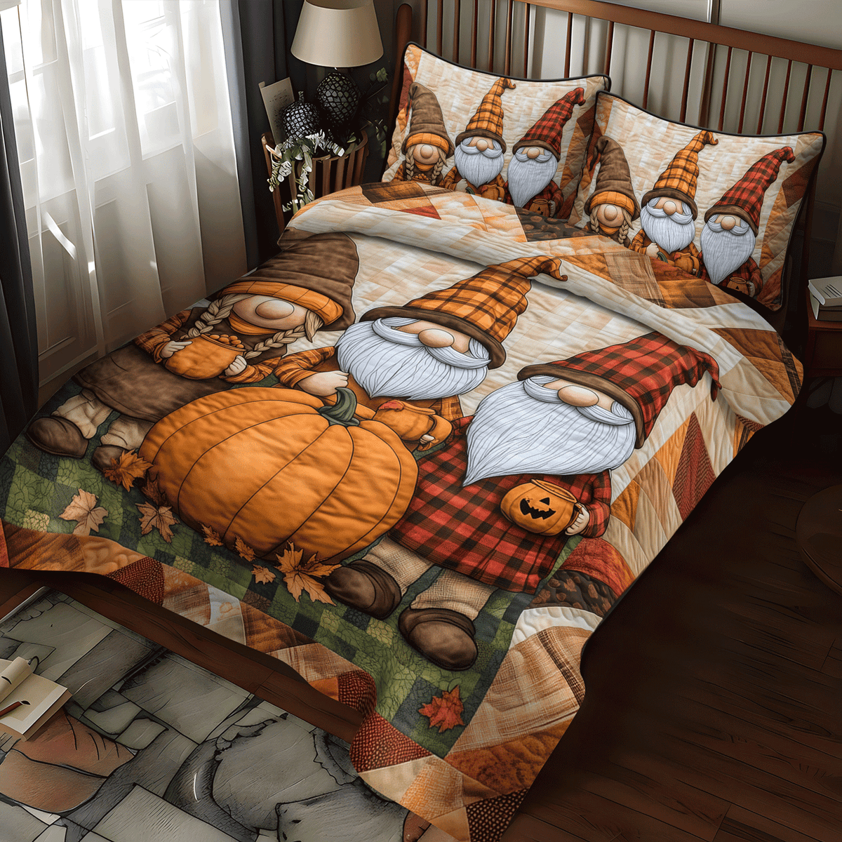 Autumn Gnome Magic 3-Piece Quilted Bedding Set - Single (59" x 70")