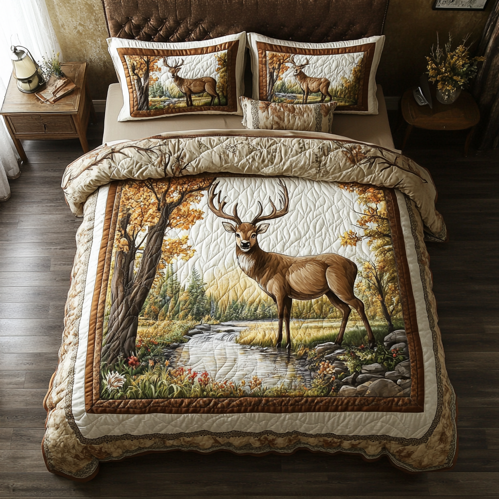 Autumn Stag 3-Piece Quilted Bedding Set - Single (59" x 70")