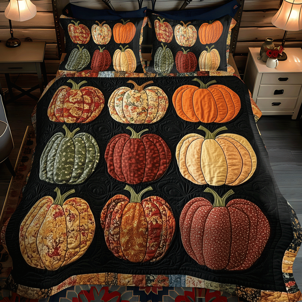 Autumnal Pumpkin 3-Piece Quilted Bedding Set - Single (59" x 70")