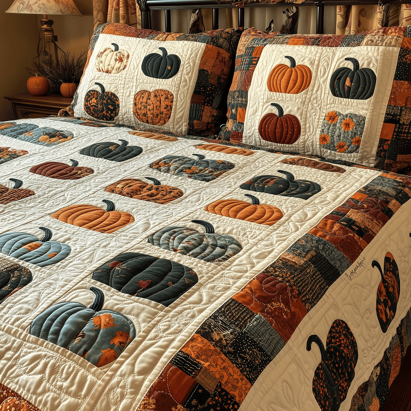 Autumnal Pumpkin 3-Piece Quilted Bedding Set - Single (59" x 70")