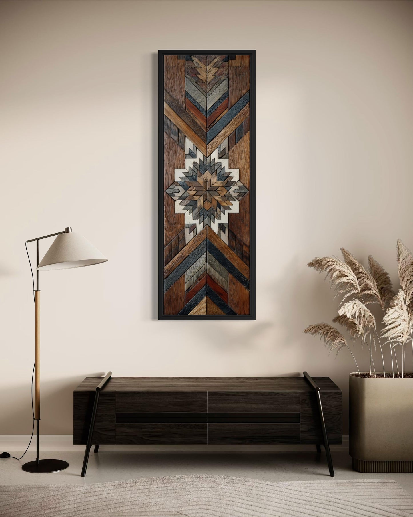 Aztec Style Wall Art - Native Geometric Art | Tall Narrow Canvas, Wood Mosaic Painting