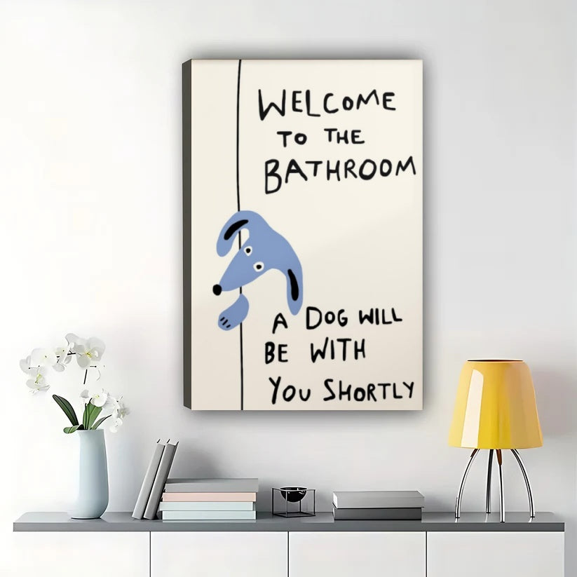 Welcome to the Bathroom Blue Dog – Funny Bathroom Dog Wall Art on Natural Wood Canvas
