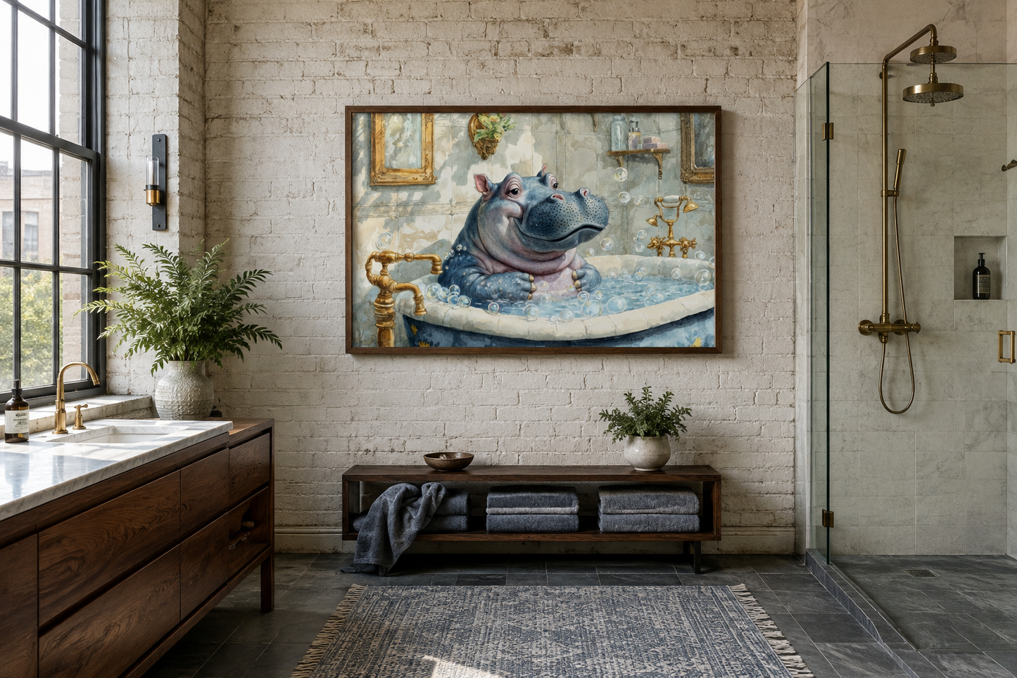 Baby Hippo in a Bathtub Framed Canvas Wall Art