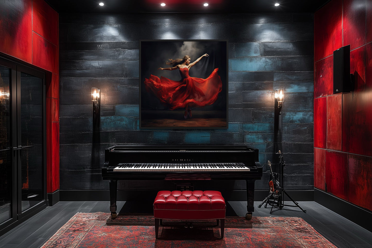 Ballerina In Red Dress Dancing Framed Canvas Wall Art