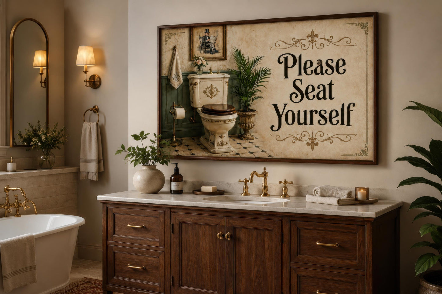 Bathroom Wall Art – Please Seat Yourself Sign | Funny Bathroom Art Canvas Print