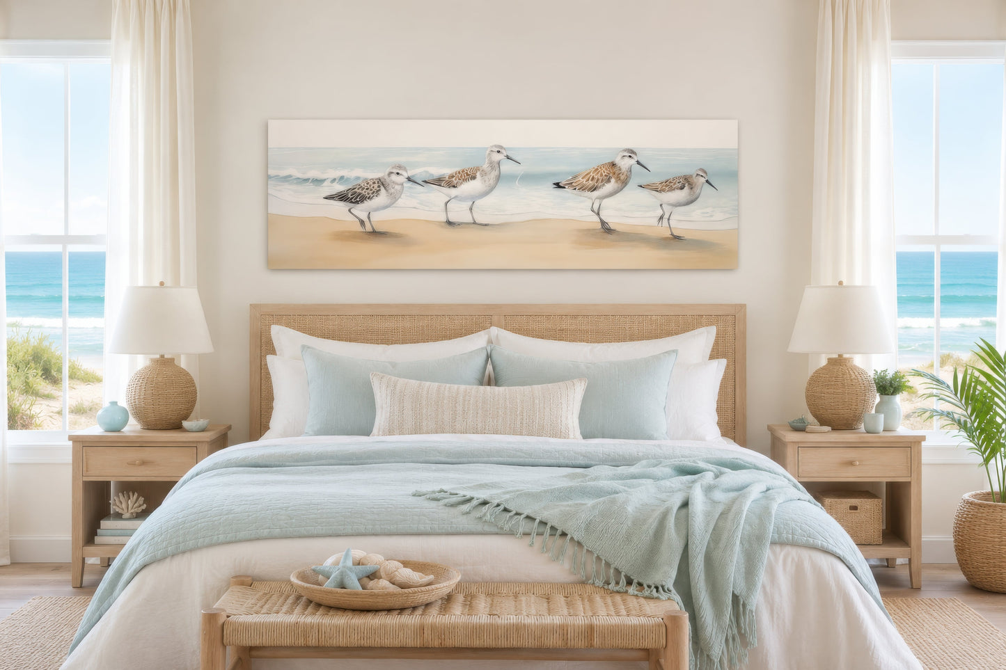 Sandpipers Walking On The Beach Horizontal Framed Canvas Wall Art